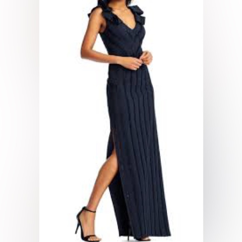Aidan Mattox Navy Metallic Stripe Gown Sleeveless V-Neck Evening Dress Size 4